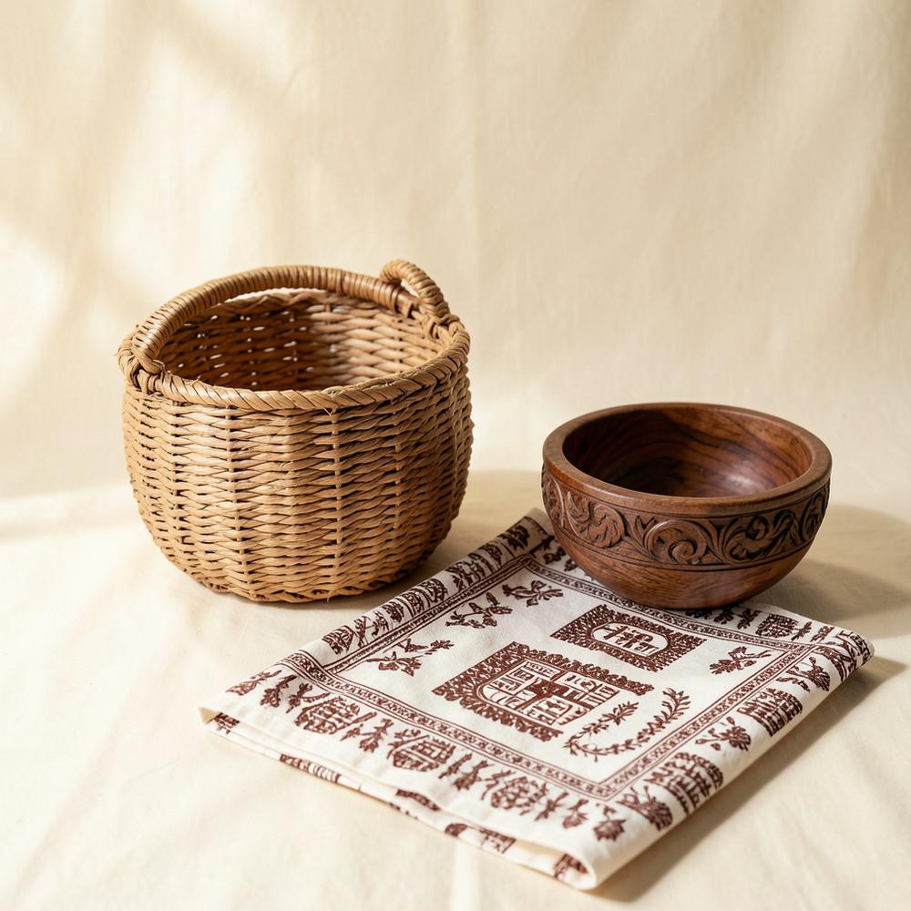 Handwoven basket, carved wooden bowl and block-printed textile