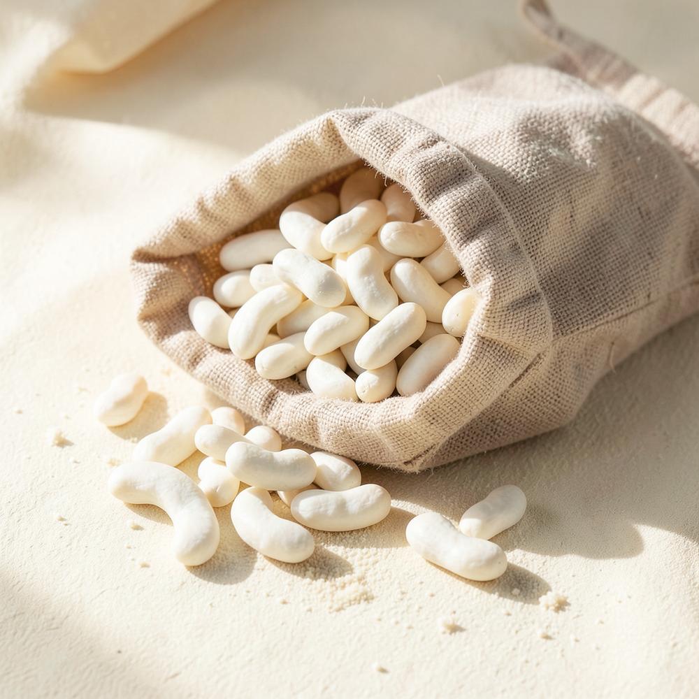 White makhana fox nuts spilling from a linen pouch