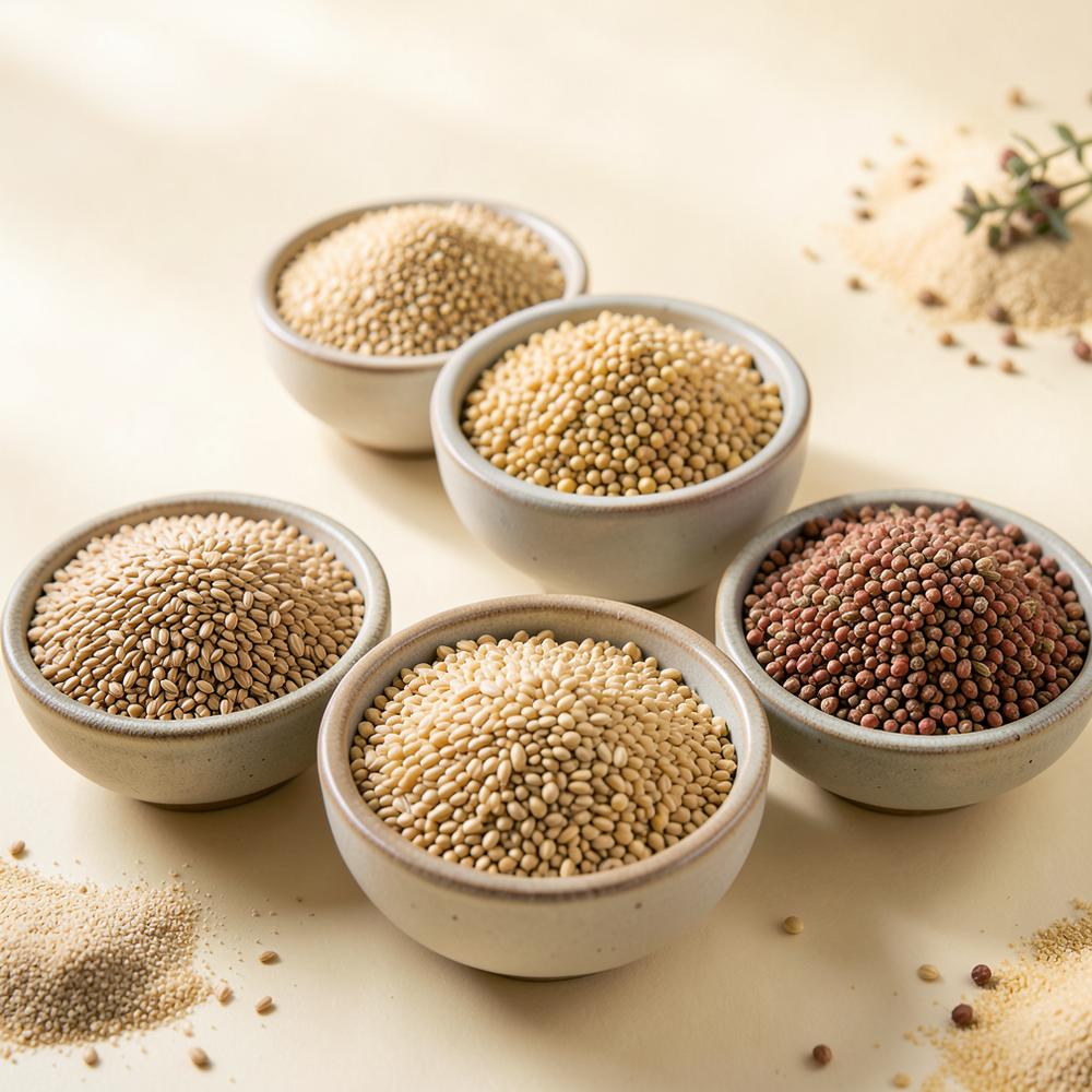 Assorted natural food ingredients in ceramic bowls