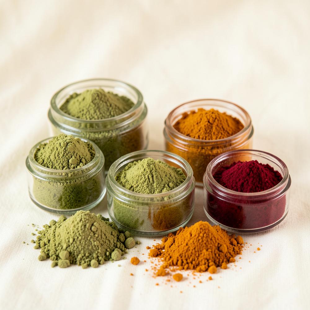 Natural plant powders in small glass jars