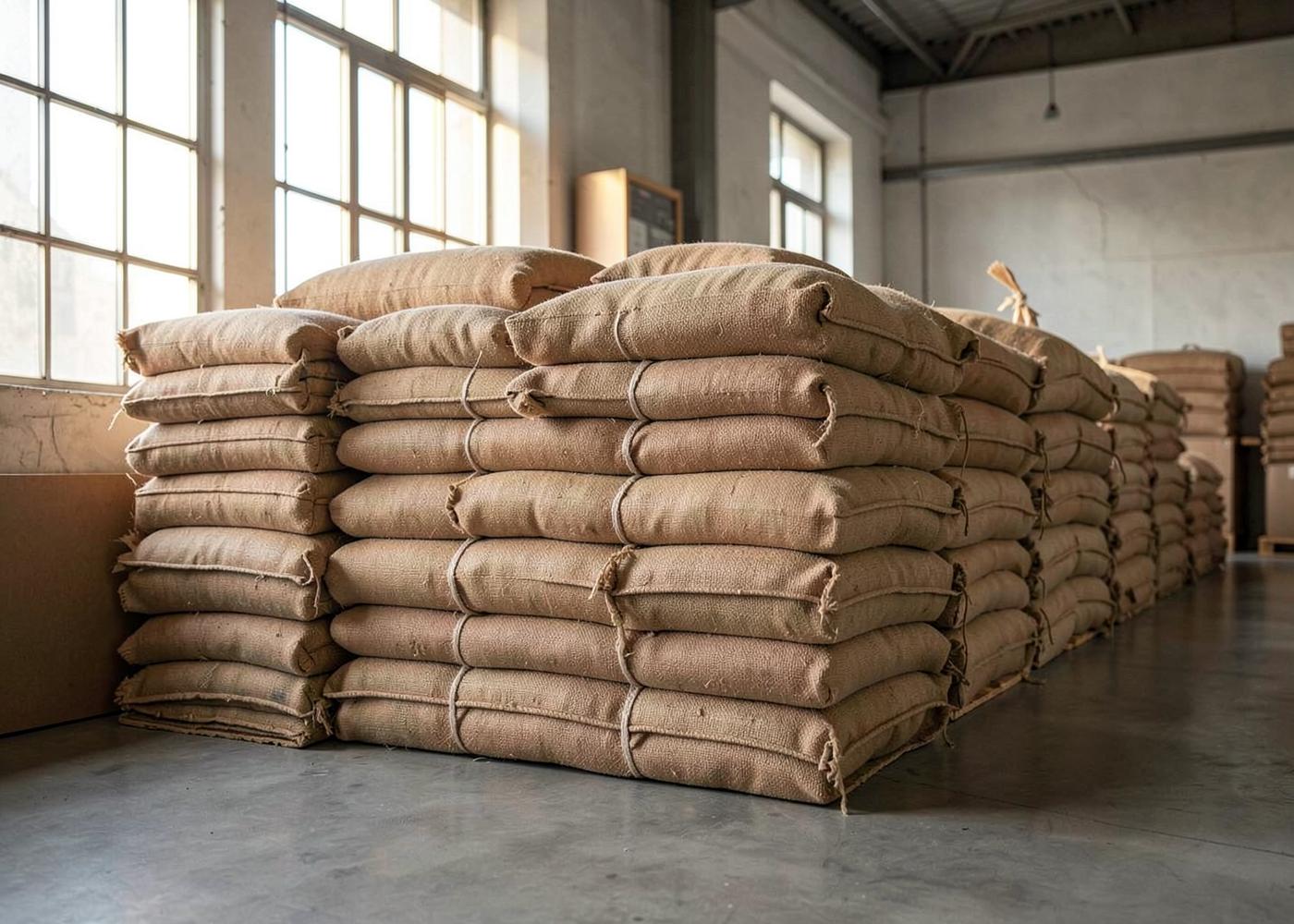 Export-ready jute sacks stacked in a daylit warehouse